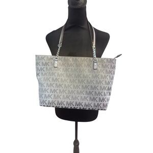 Michael Kors MK Logo Jacquard Tote Bag Gray Black metallic Chain Strap Medium